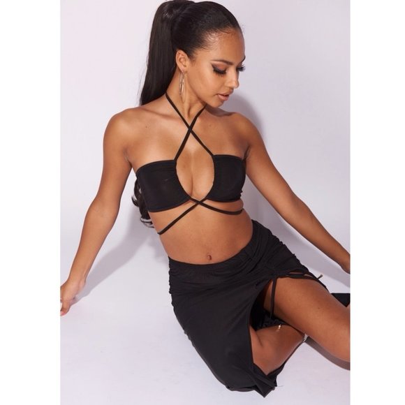 Black Sleeveless Halter Neck Crop Top and High Waist Maxi Skirt Two Piece Set - Picture 10 of 14